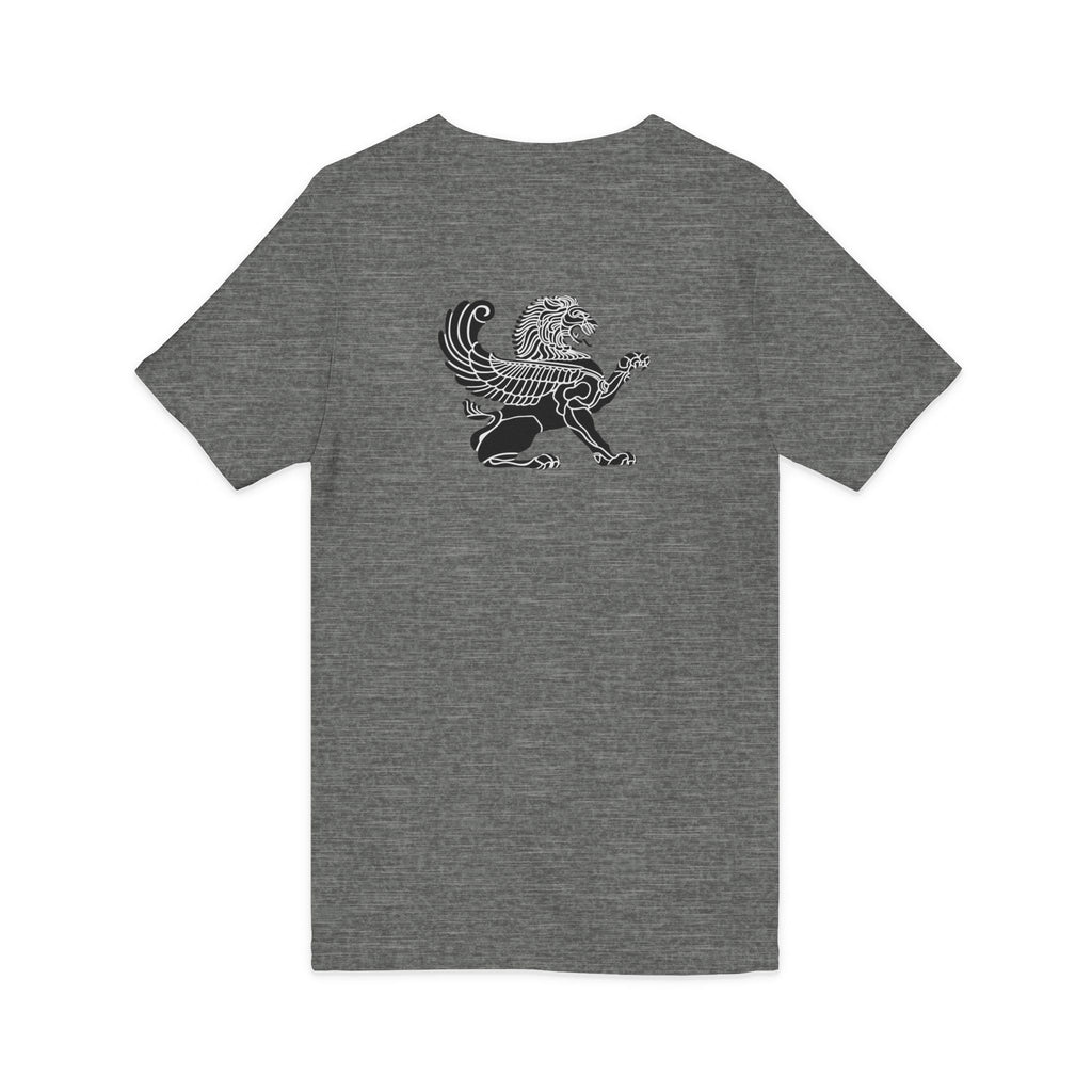 Winged Lion V-Neck Tee — Ancient Myth Pocket & Back Print