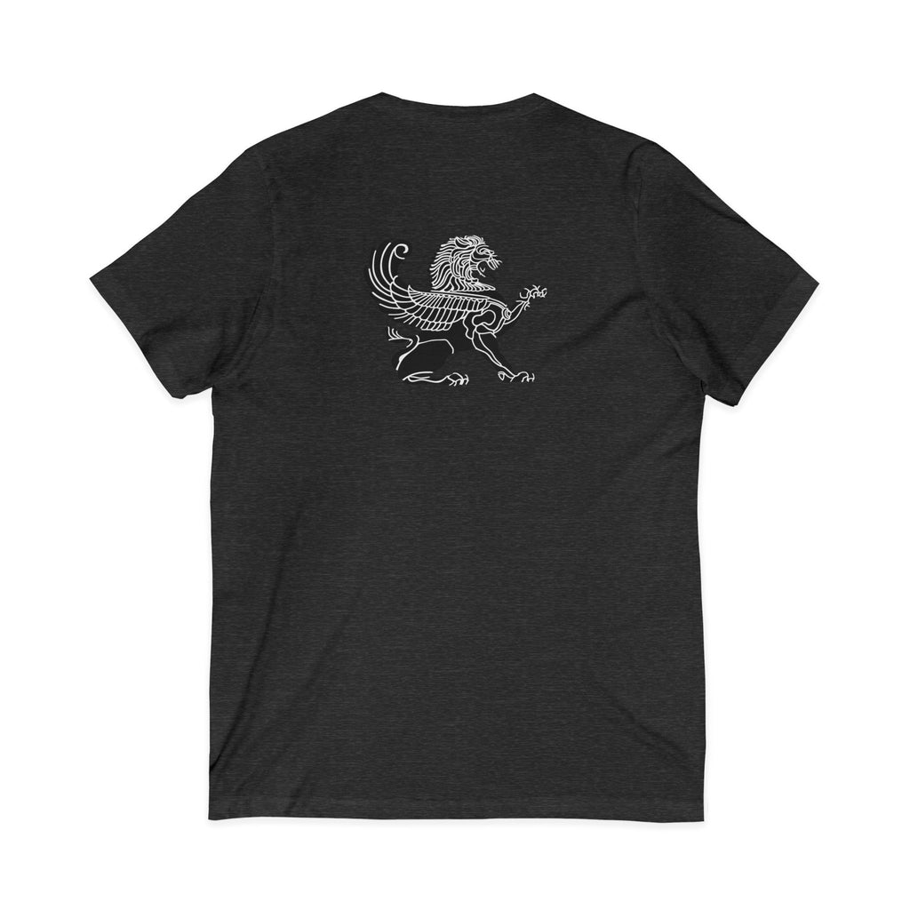 Winged Lion V-Neck Tee — Ancient Myth Pocket & Back Print