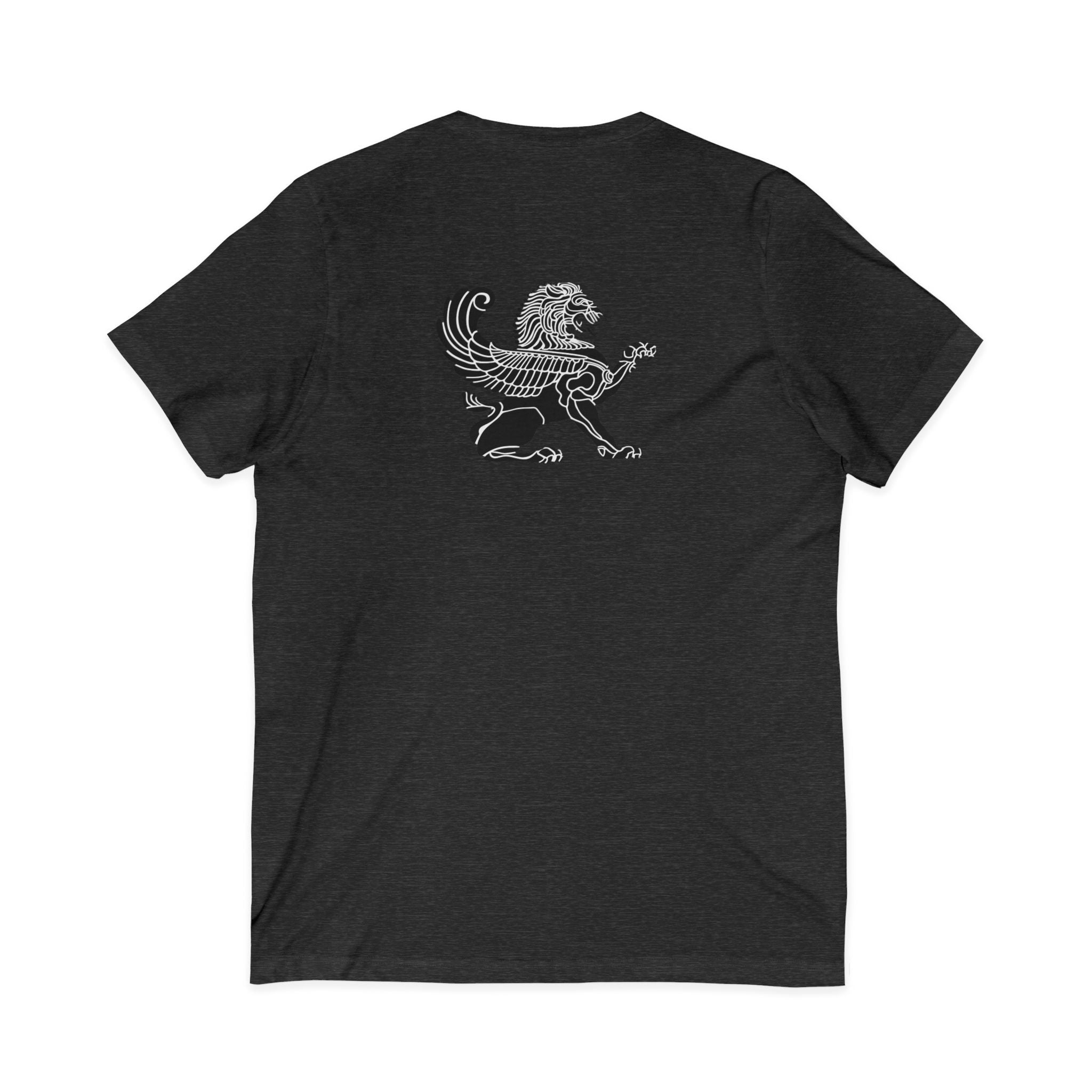 Winged Lion V-Neck Tee — Ancient Myth Pocket & Back Print