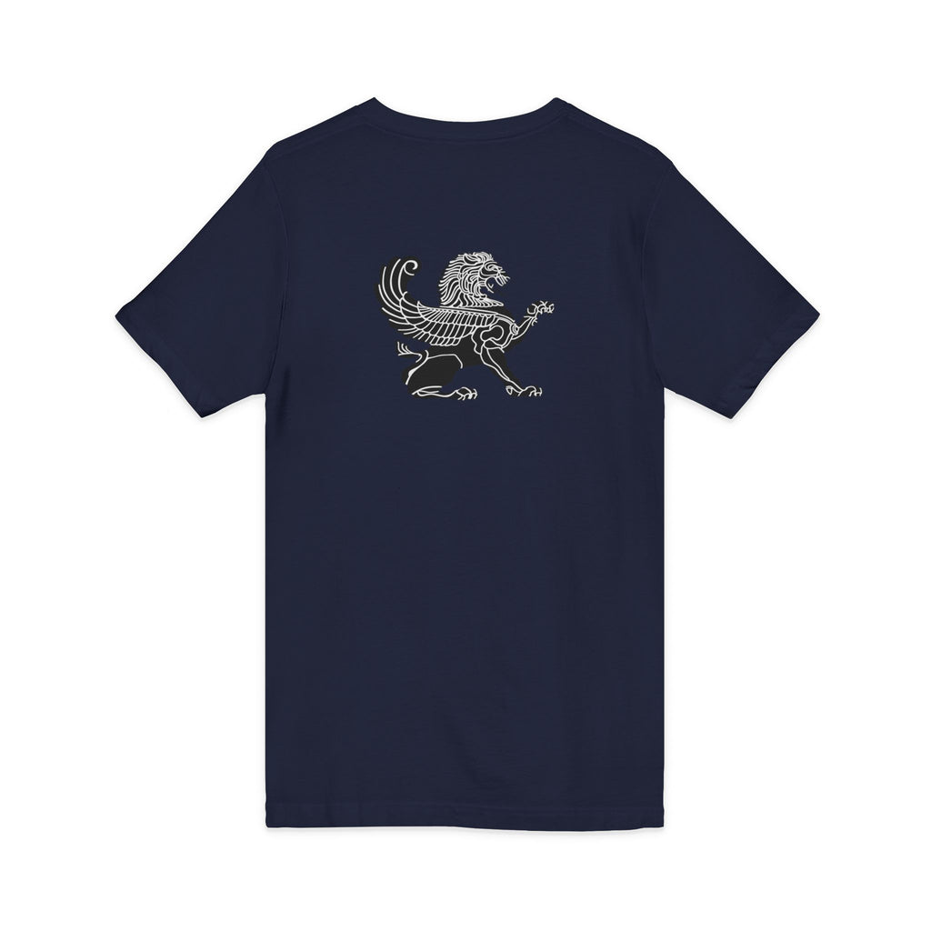 Winged Lion V-Neck Tee — Ancient Myth Pocket & Back Print