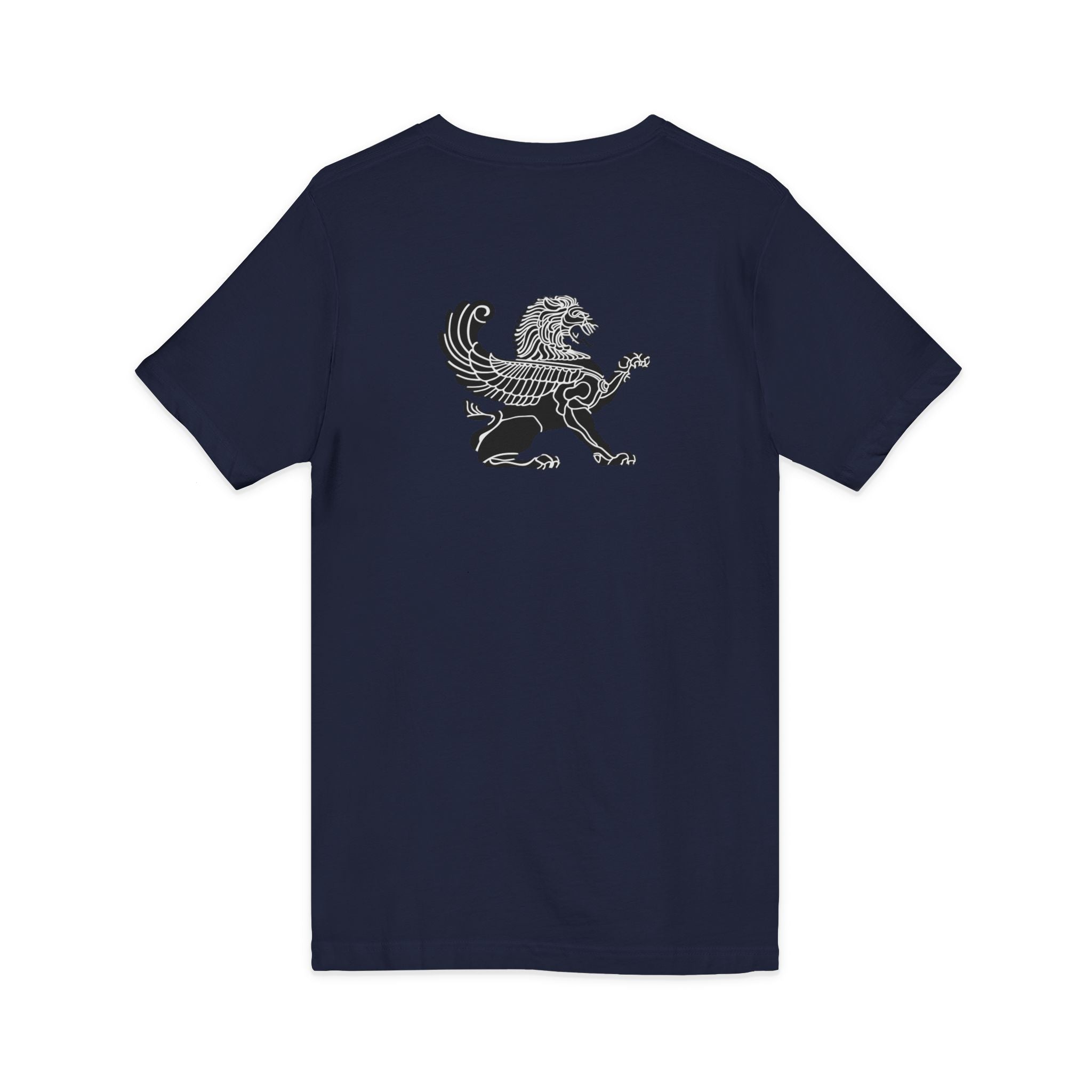 Winged Lion V-Neck Tee — Ancient Myth Pocket & Back Print