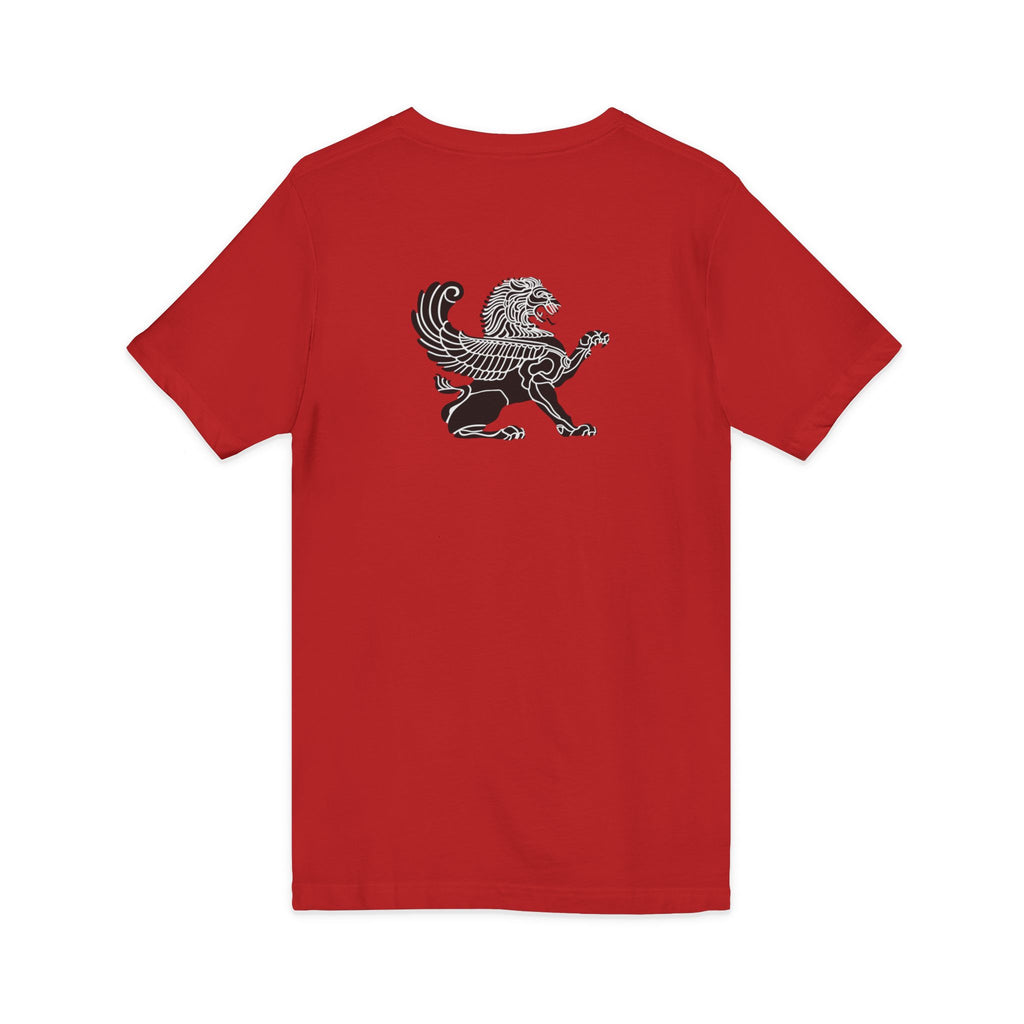 Winged Lion V-Neck Tee — Ancient Myth Pocket & Back Print