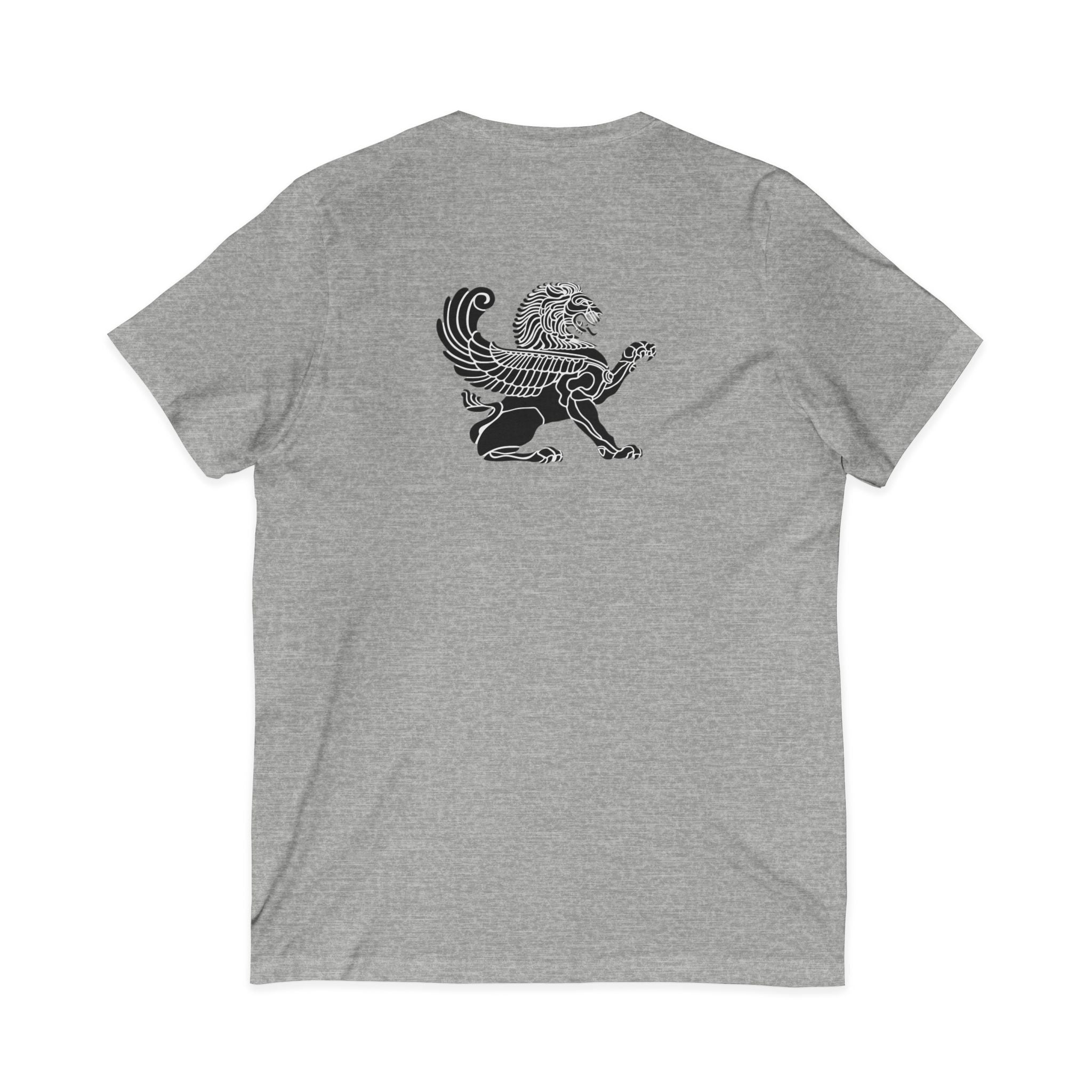 Winged Lion V-Neck Tee — Ancient Myth Pocket & Back Print