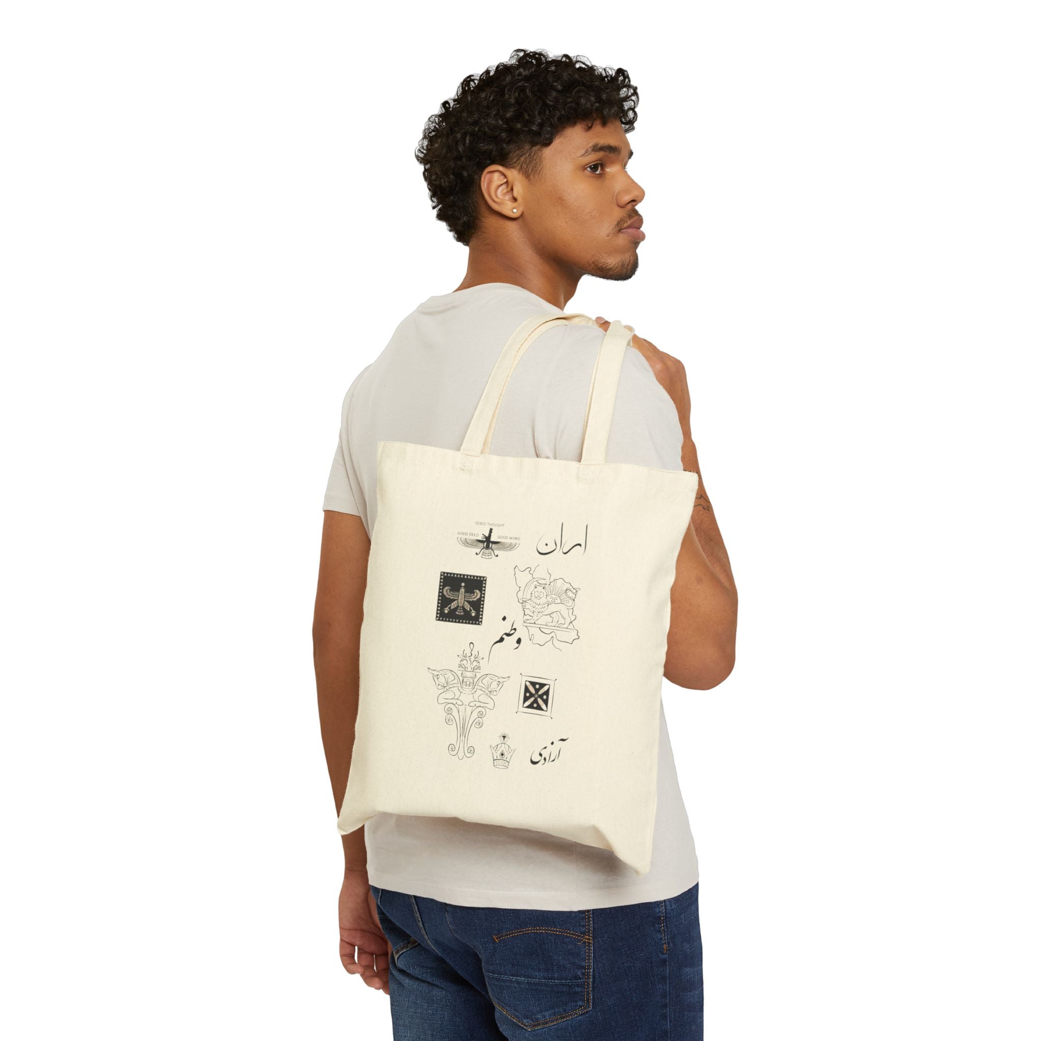 Vintage Persian Motifs Canvas Tote — Minimal Calligraphy & Symbols Cotton Bag