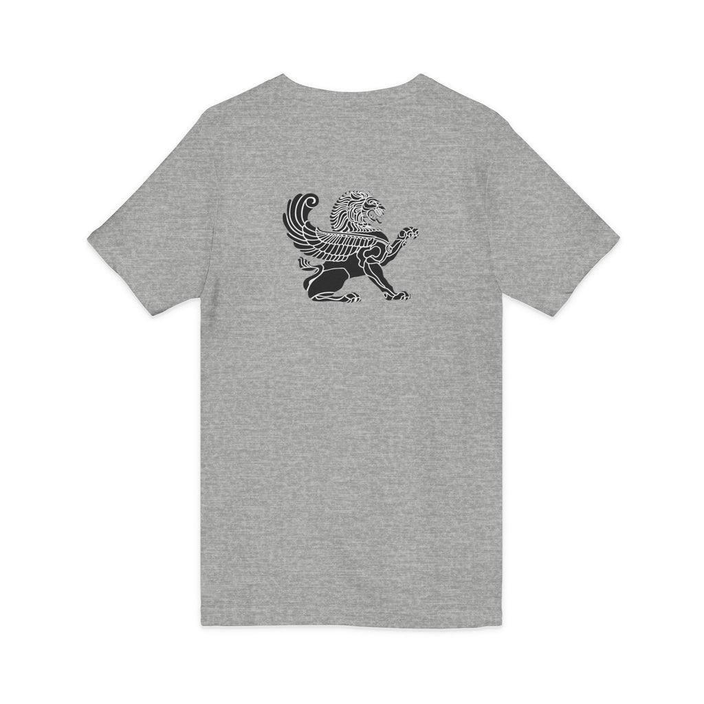 Winged Lion V-Neck Tee — Ancient Myth Pocket & Back Print