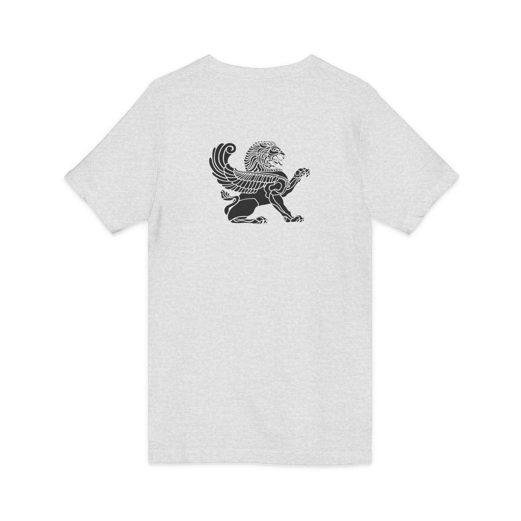 Winged Lion V-Neck Tee — Ancient Myth Pocket & Back Print