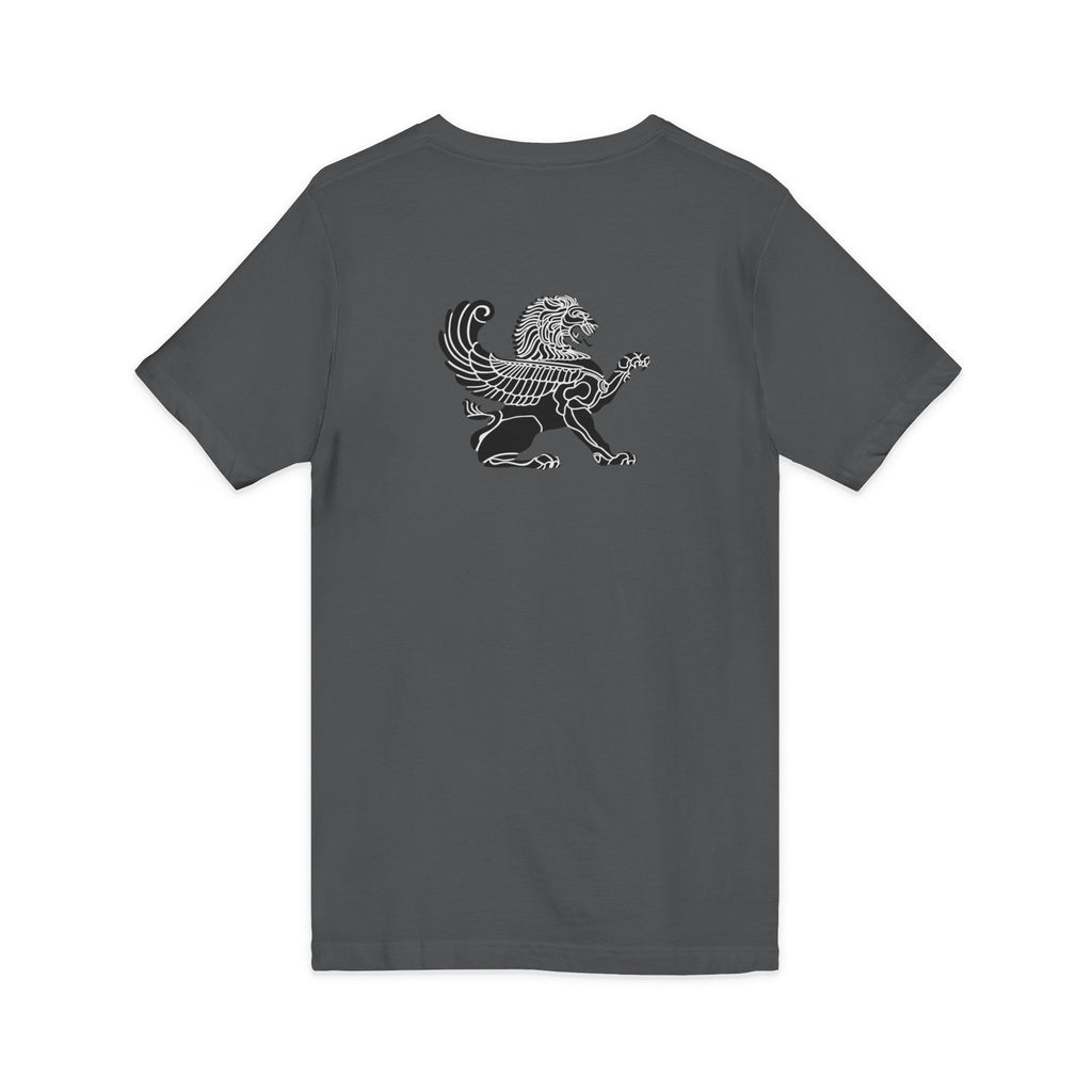 Winged Lion V-Neck Tee — Ancient Myth Pocket & Back Print