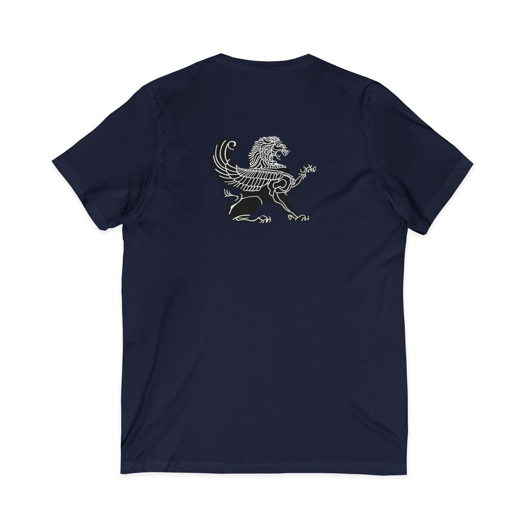 Winged Lion V-Neck Tee — Ancient Myth Pocket & Back Print