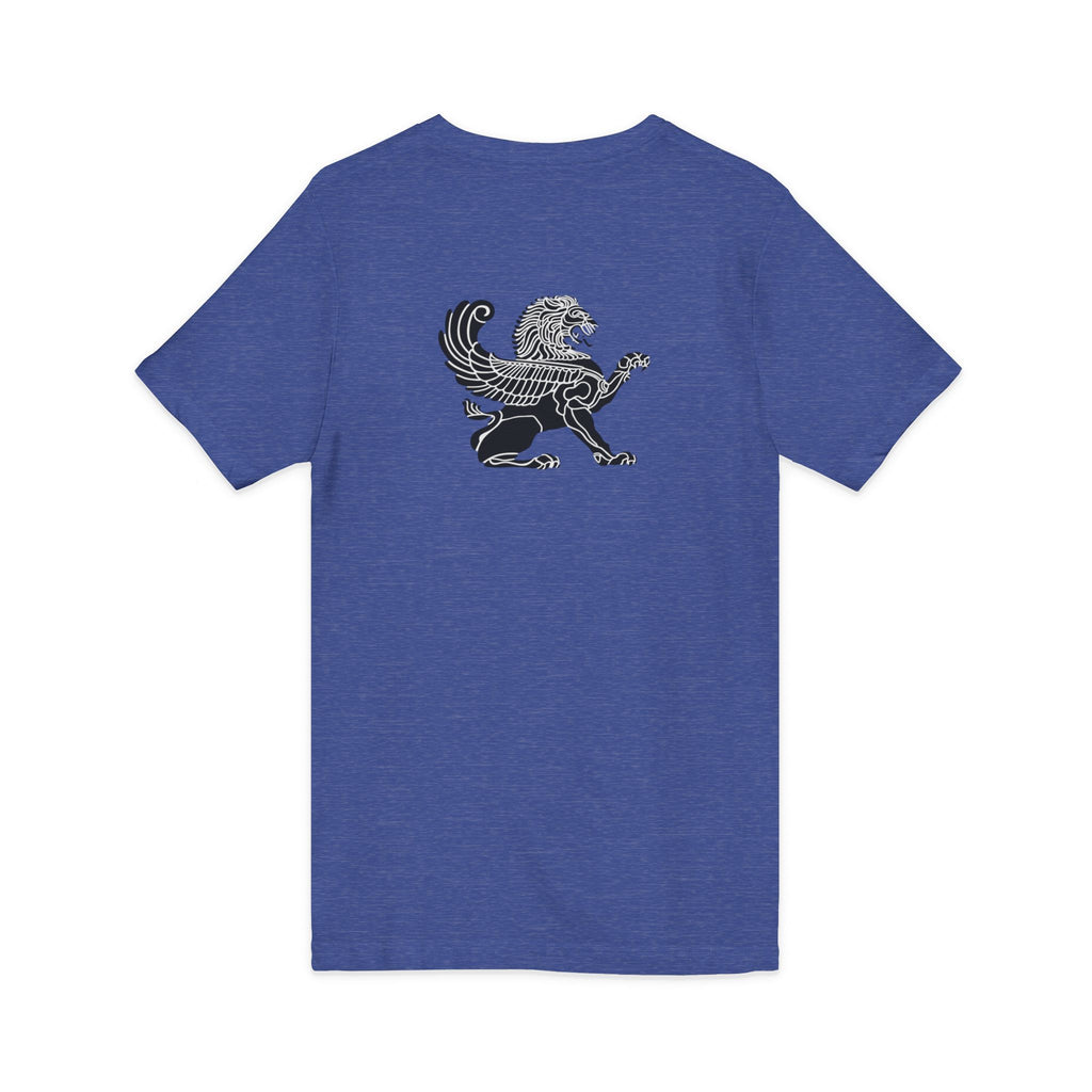 Winged Lion V-Neck Tee — Ancient Myth Pocket & Back Print