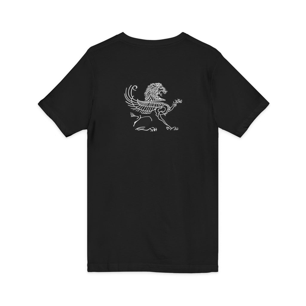 Winged Lion V-Neck Tee — Ancient Myth Pocket & Back Print