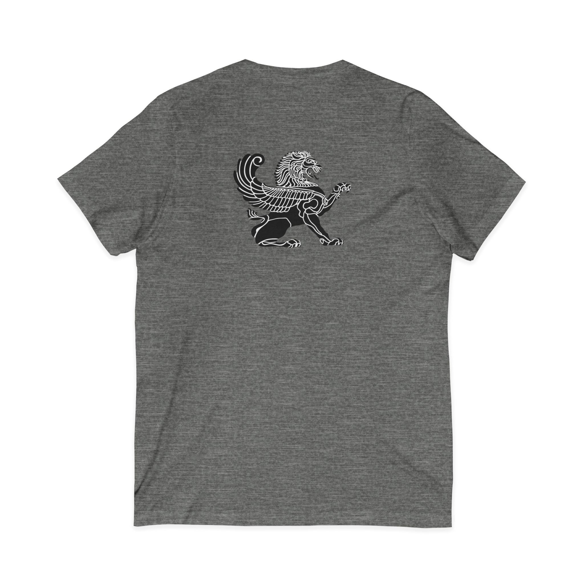 Winged Lion V-Neck Tee — Ancient Myth Pocket & Back Print