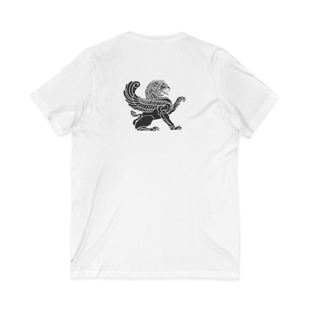 Winged Lion V-Neck Tee — Ancient Myth Pocket & Back Print